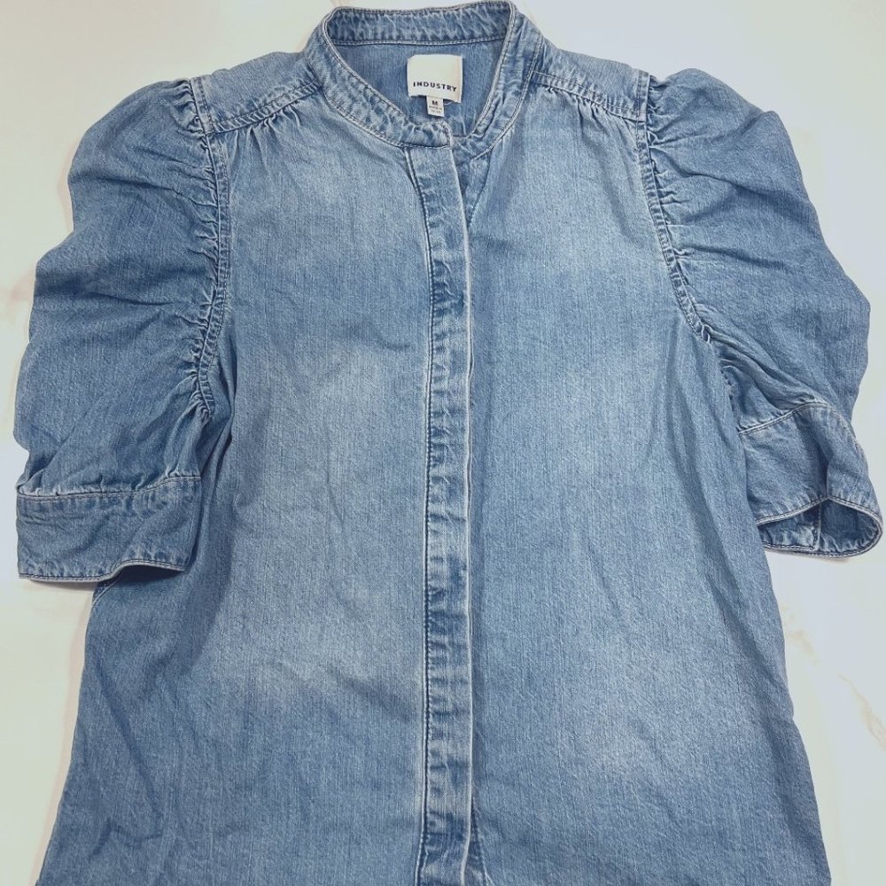 Industry Denim Button-down Shirt with 3/4 Ruffle Sleeve, Size M